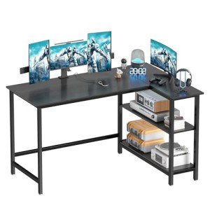 L Shaped Desk with Storage Shelf for Home Office