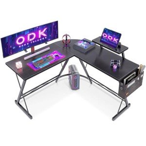L-Shaped Black Gaming Desk with Monitor Stand