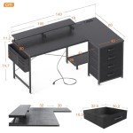 L-Shaped Corner Desk with USB Port and Drawers