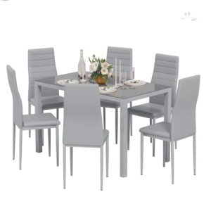Modern Glass Dining Table with 6 Faux Leather Chairs