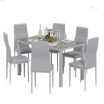 Modern Glass Dining Table with 6 Faux Leather Chairs