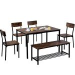 Rustic Brown Dining Table Set with Chairs and Bench