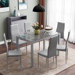 Modern Glass Dining Table with 6 Faux Leather Chairs