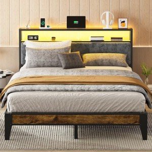 OLEVS Queen Metal Bed Frame with LED Headboard