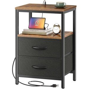 Rustic Nightstand with Charging Station and Drawers