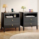 Modern Black Nightstand Set with Charging Station