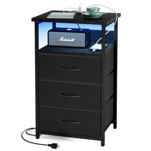 Black Night Stand with USB Ports & 3 Drawers