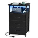 Black Night Stand with USB Ports & 3 Drawers