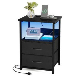 Elegant Black Nightstand with Charging Station & Drawers