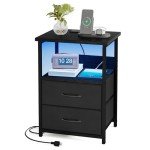 Elegant Black Nightstand with Charging Station & Drawers