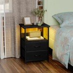Elegant Black Nightstand with Charging Station & Drawers
