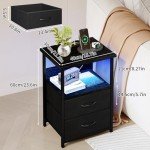 Elegant Black Nightstand with Charging Station & Drawers