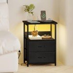 Elegant Black Nightstand with Charging Station & Drawers
