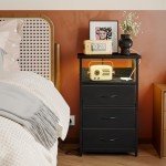 Black Night Stand with USB Ports & 3 Drawers