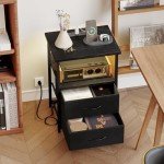 Elegant Black Nightstand with Charging Station & Drawers