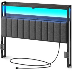 Queen Size Headboard with LED Lights & Storage