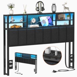 Furnulem Full Upholstered Headboard with Storage & LED