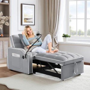 Versatile Velvet Futon Sofa Bed Chair in Grey