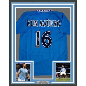 Framed Kun Aguero Autographed Man City Jersey