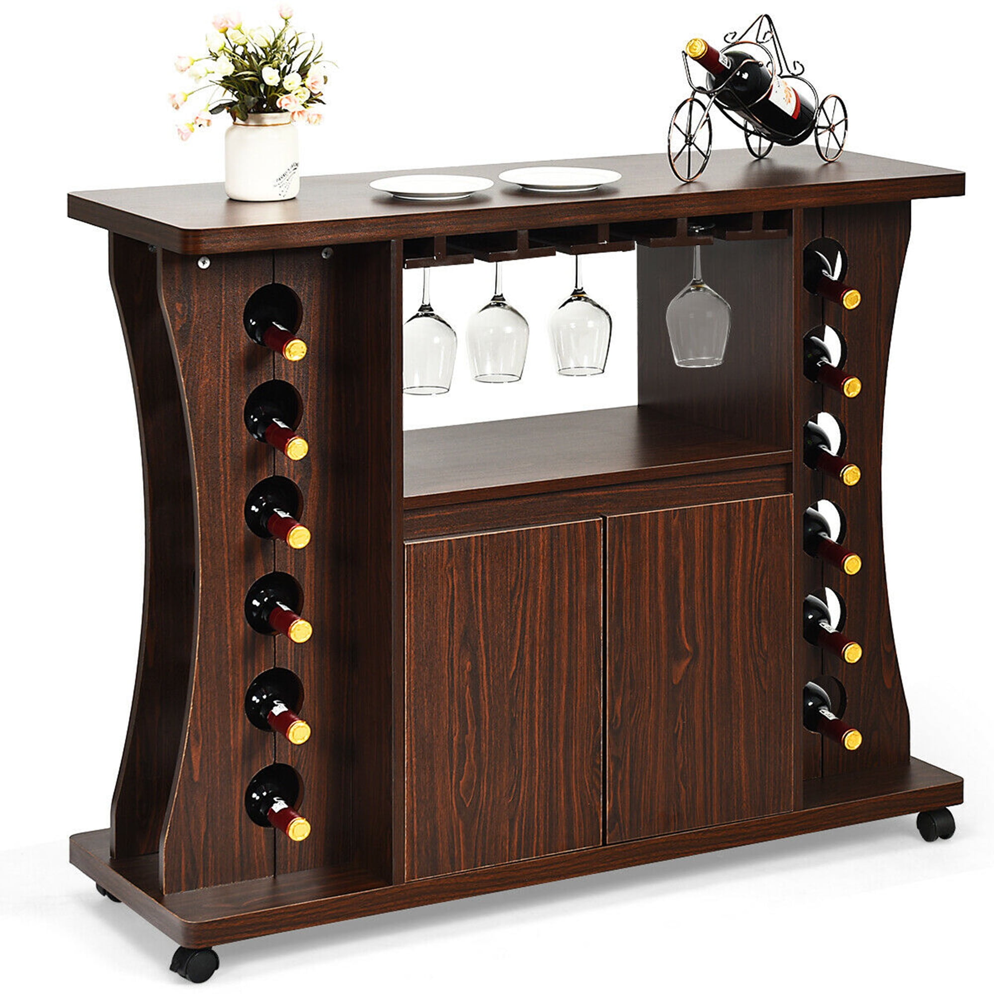 Wooden Rolling Buffet with Wine Rack & Glass Holder