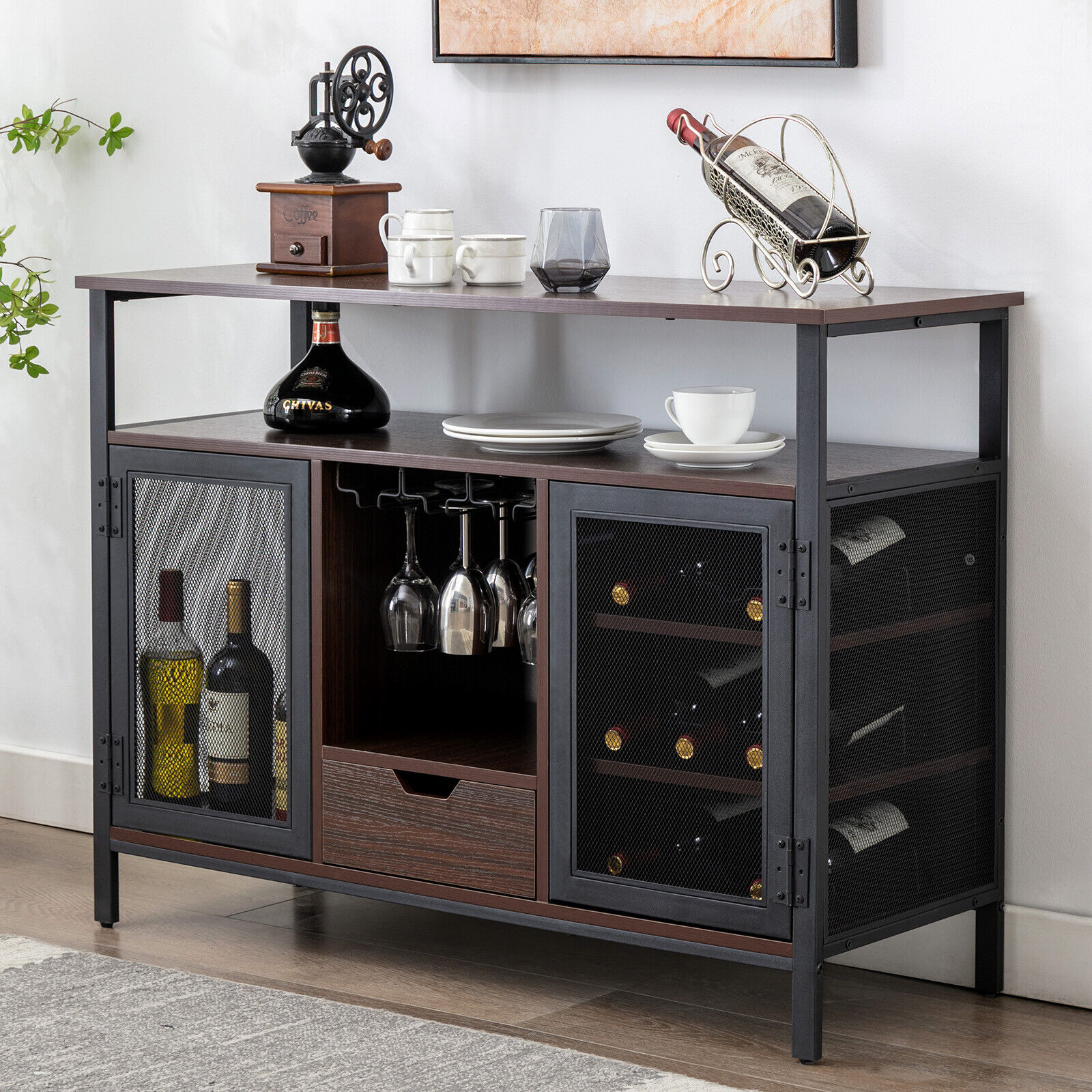 Brown 43" Industrial Wine Bar Cabinet and Rack