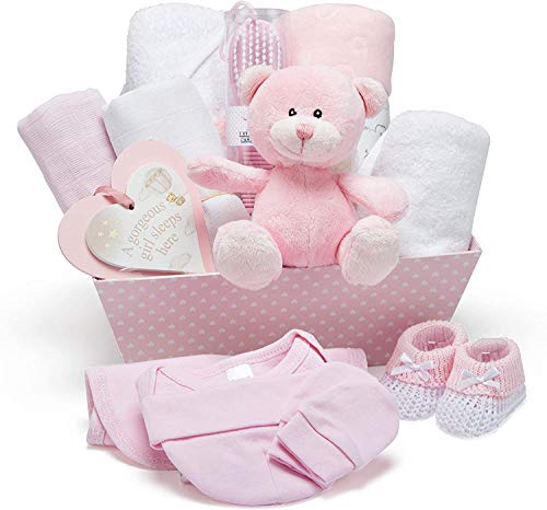 Newborn Baby Girl Gift Basket with Teddy Bear