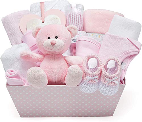 Newborn Baby Girl Gift Basket with Teddy Bear