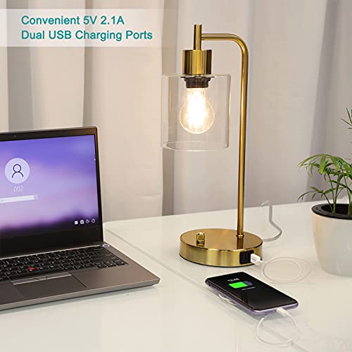 Gold Industrial USB Table Lamp with Glass Shade