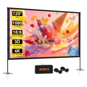 Outdoor-Projector-Screen-with-Stand - 120 inch Portable Projector Screen Indoor Outdoor Projector Screens 16:9 4K HD Lightweight Movie Screen with Carry Bag for Backyard Movie Night