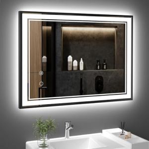 osemy 28" x 36" LED Bathroom Mirror with Lights Black Framed LED Mirror for Bathroom Lighted Bathroom Mirror Backlit and Front Black Aluminum Frame Anti-Fog Dimmable Vanity Smart Memory