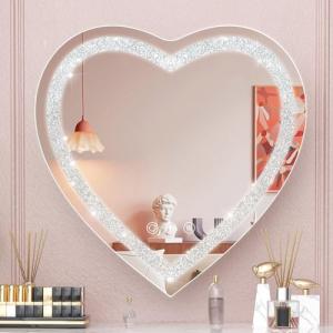 BesMirror LED Heart Mirror Crushed Diamond 24"x24", Heart Shaped Mirror Wall Mounted LED Vanity Mirror with 3 Color, Stepless Dimmable, Memory, Smart Touch and Shatter-Proof