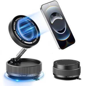 Vacuum Magnetic Phone Holder for Car/MagSafe,360° Adjustable Suction Cup Phone Mount, Foldable & Portable Magnetic Phone Stand for All Smartphones & All Car Models & Home/Office/Gym/Bathroom Mirror