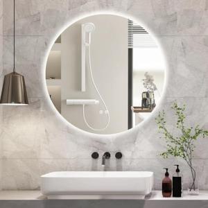 BuLife 24 Inch Round LED Bathroom Mirror Backlit Anti-Fog 3 Colors Light Dimmable Wall Mounted Lighted Bathroom Vanity Mirror Smart Makeup Mirror with Touch Switch