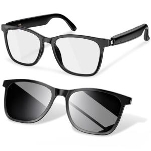 Smart Glasses, Blue Light Blocking Clear Lenses + Magnetic Clip-On Sunglasses, Bluetooth Glasses with Open Ear Speaker, Voice Assistant Compatible for iPhone Android