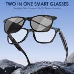 Smart Glasses, Blue Light Blocking Clear Lenses + Magnetic Clip-On Sunglasses, Bluetooth Glasses with Open Ear Speaker, Voice Assistant Compatible for iPhone Android
