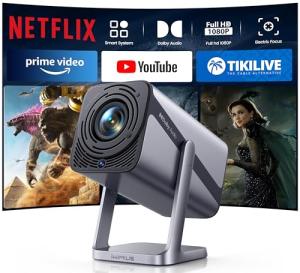 [Netflix-Licensed & 4K Support & Auto Focus]- Smart Projector with WiFi 6 and 2-Way Bluetooth, Dolby Audio/ Auto Keystone/Zoom,360°Adjustable Stand, iWIMIUS Mini Portable Outdoor Proyector w/ HDMI ARC