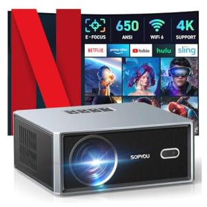 Netflix Licensed Smart Projector with WiFi and Bluetooth, SOPYOU Outdoor Movie Projector 4K with Apps Max 450", Electric Focus & Auto Keystone, Built-in Netflix/YouTube/Prime Video