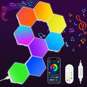 KORORO Hexagon LED Lights - 8 Pack Smart APP RGB Gaming Light with Remote Control & Music Sync Honeycomb Shape Hex Lights for Bedroom, Living Room Wall, Gaming Decor