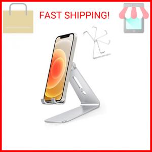 Adjustable Cell Phone Stand, OMOTON Aluminum Desktop Cellphone Stand with Anti-Slip Base and Convenient Charging Port, Fits All Smart Phones, Silver