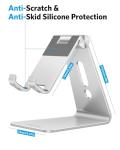 Adjustable Cell Phone Stand, OMOTON Aluminum Desktop Cellphone Stand with Anti-Slip Base and Convenient Charging Port, Fits All Smart Phones, Silver