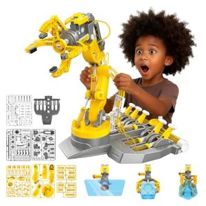 SMIESSKIDDO 3 in 1 Hydraulic Robot Arm - 220 Pcs STEM Building Toys with 4-Jaw Grab, Suction & Tongs for Kids 8-12 | No Batteries Needed Engineering Gift for Boys & Girls Ages 9 10 11