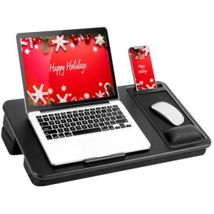 LAPGEAR Extra Large Adjustable Lap Desk with Memory Foam Wrist Rest, Mouse Pad, Phone Holder, Device Ledge, and Booster Cushion - Black Carbon - Fits up to 17.3 Inch Laptops - Style No. 88108