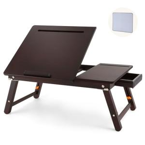 Nnewvante Laptop Desk, Height & Angle Adjustable Lap Desk Bed Tray Table, Foldable Laptop Table with Drawer, Mouse Pad, Tablet & Phone Slots for Working Reading Writing Eating, Black Walnut