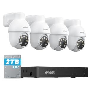 ieGeek PoE Security Camera System, 5MP Outdoor/Indoor PoE Cameras with 8CH NVR for Home Surveillance System, Wired PTZ Cam Kit w/Motion Sensor, 2-Way Audio, Color Night Vision,AI Detection,24/7 Record