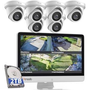 PANOOB Security Camera System with Monitor, 8CH 8MP NVR with 2TB HDD, 6Pcs IR Dome Wired 5MP PoE IP Camera IP67 Outdoor, Night Vision, Smart AI Human Detection, PD93AM06-5M