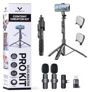 Vlogging Kit for iPhone, YouTube TikTok Podcast Video Recording Starter Kit for Content Creators, Equipment: Full Size Tripod, Phone Stabilizer, Bluetooth Shotgun Microphones & LED Lights