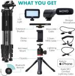 Movo iVlogger Vlogging Kit for iPhone with Fullsize Tripod - Lightning Compatible YouTube Starter Kit for Content Creators - Accessories: Tripods, Phone Mount, LED Light and Shotgun Mic