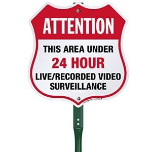 SmartSign 12" x 11.5" Attention This Area Under 24 Hour Live/Recorded Video Surveillance Shield Yard Sign with 3 ft Stake, 40 mil Laminated Aluminum, Red/Black/White, Set of 1, USA-Made
