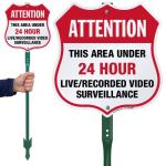 SmartSign 12" x 11.5" Attention This Area Under 24 Hour Live/Recorded Video Surveillance Shield Yard Sign with 3 ft Stake, 40 mil Laminated Aluminum, Red/Black/White, Set of 1, USA-Made