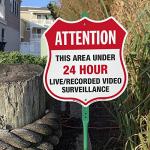 SmartSign 12" x 11.5" Attention This Area Under 24 Hour Live/Recorded Video Surveillance Shield Yard Sign with 3 ft Stake, 40 mil Laminated Aluminum, Red/Black/White, Set of 1, USA-Made